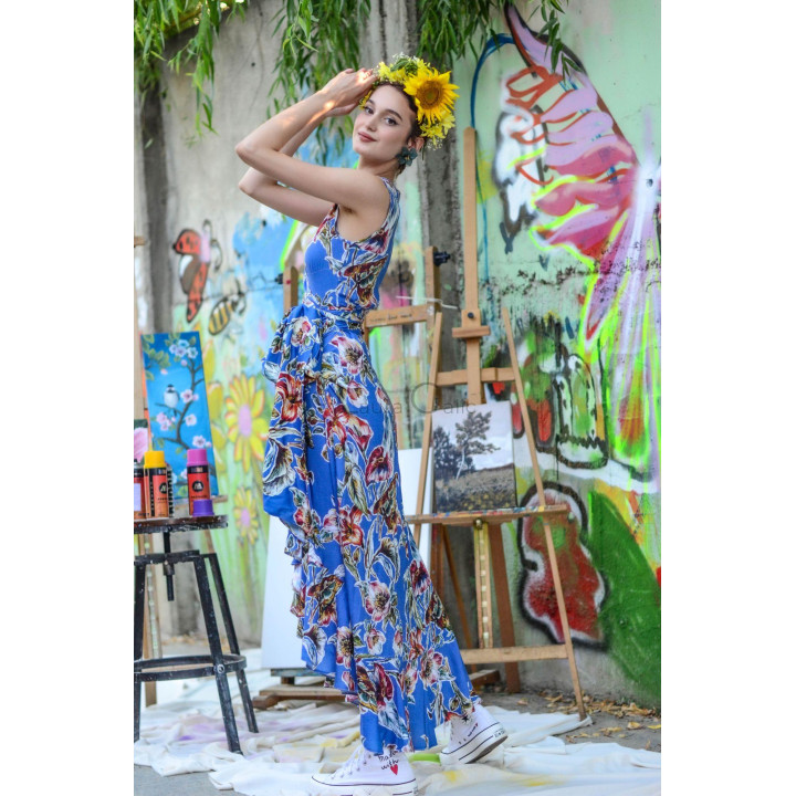 Side view of the Chiara 3 floral wrap dress with a wide waist sash