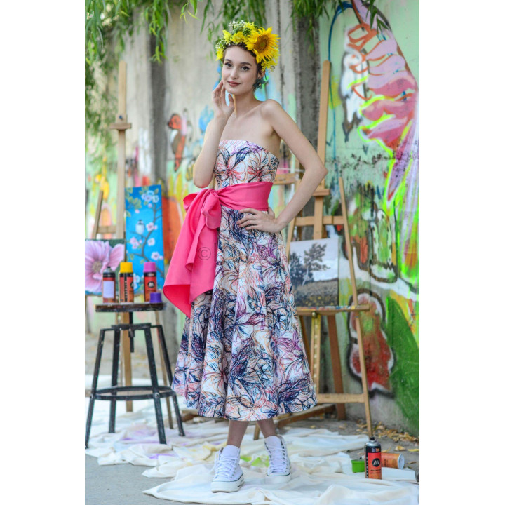 Rochia midi Salma 2 cu imprimeu floral și fundă amplă din tafta fucsia