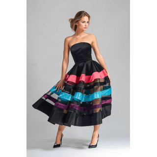 Rochie midi Taraza cu corset negru și fustă amplă cu benzi roz, turcoaz și mov