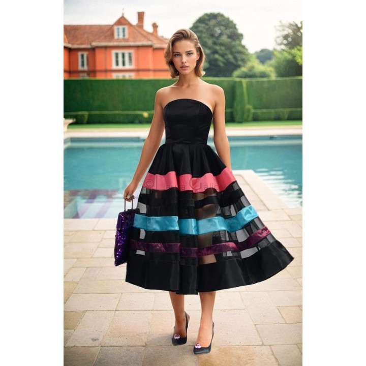 Front view of the Taraza midi dress with a full taffeta and sheer mesh skirt