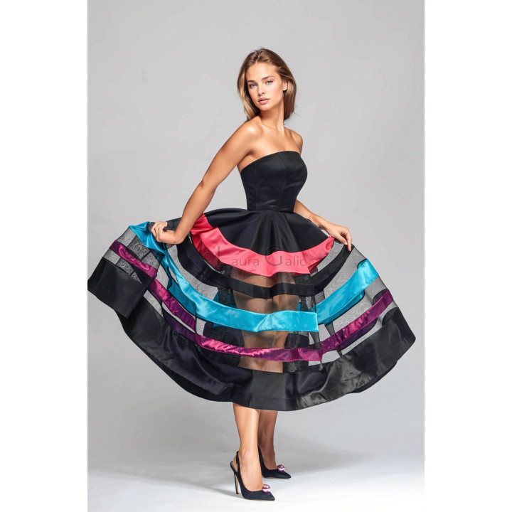 Taraza dress with a strapless corset bodice and spread full skirt with sheer mesh inserts