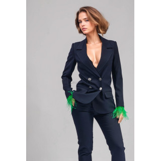 Ramona navy women's suit with green feather cuffs and slim trousers