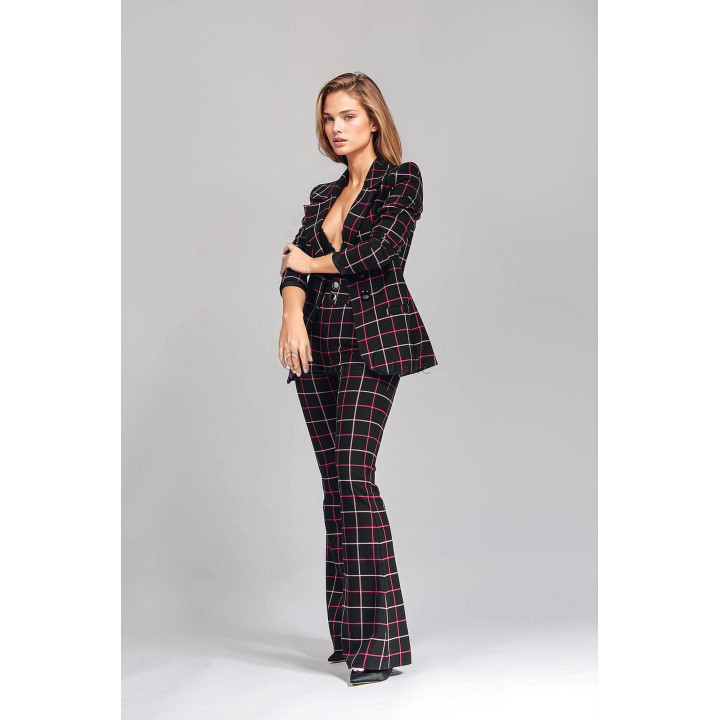 Ramona suit worn with the checked blazer open over matching flared trousers