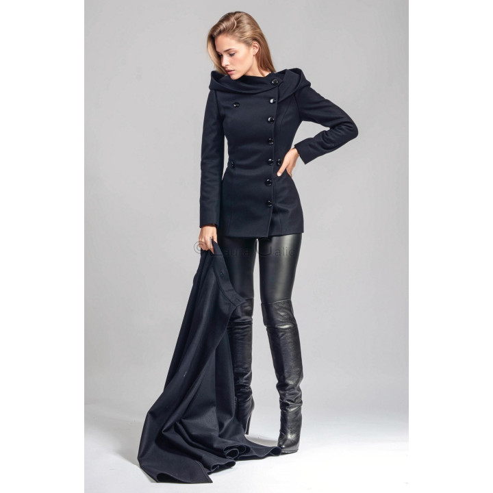 Rebecca 1 fitted coat without the cape, showing its asymmetric button front