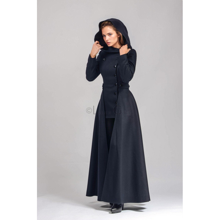 Fitted Rebecca 1 coat with hood and attached full-length cape