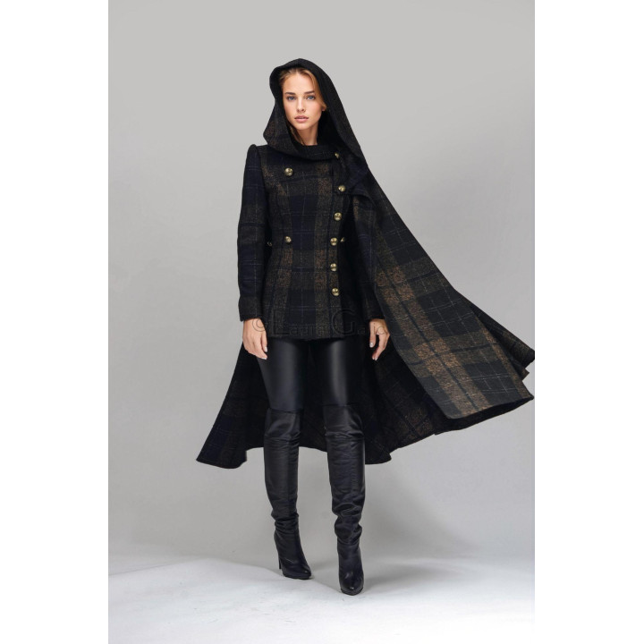 Rebecca 1 wool coat with hood and long detachable cape in a dark checked pattern