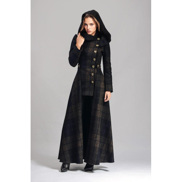 Rebecca 1 coat with raised hood, gold-tone buttons and full-length cape