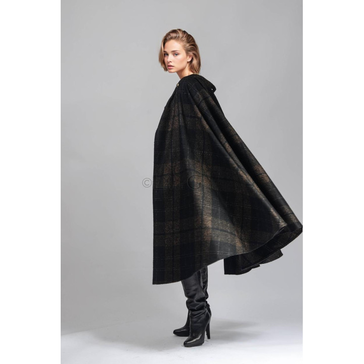 Dark checked detachable cape from the Rebecca 1 coat worn separately from the hood