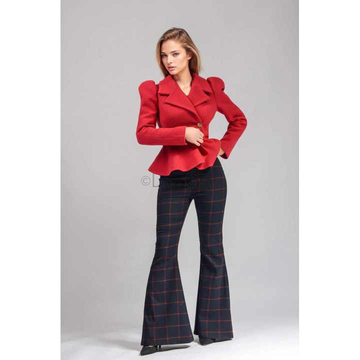 Carmen suit with a red jacket and navy flared trousers in a red check pattern