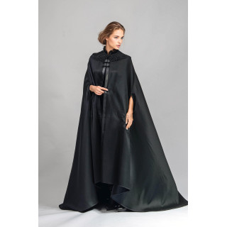 Black Maxi cape with a sweeping train, lace collar and frog-button fastening