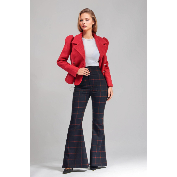 Navy flared trousers with a rust-coloured check pattern and high waist