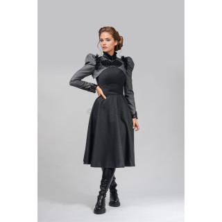 Lilith grey jacket with oversized shoulders and black lace details, front view