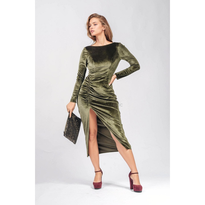 Close view of the fitted shape and gathered draping on the Nova velvet dress
