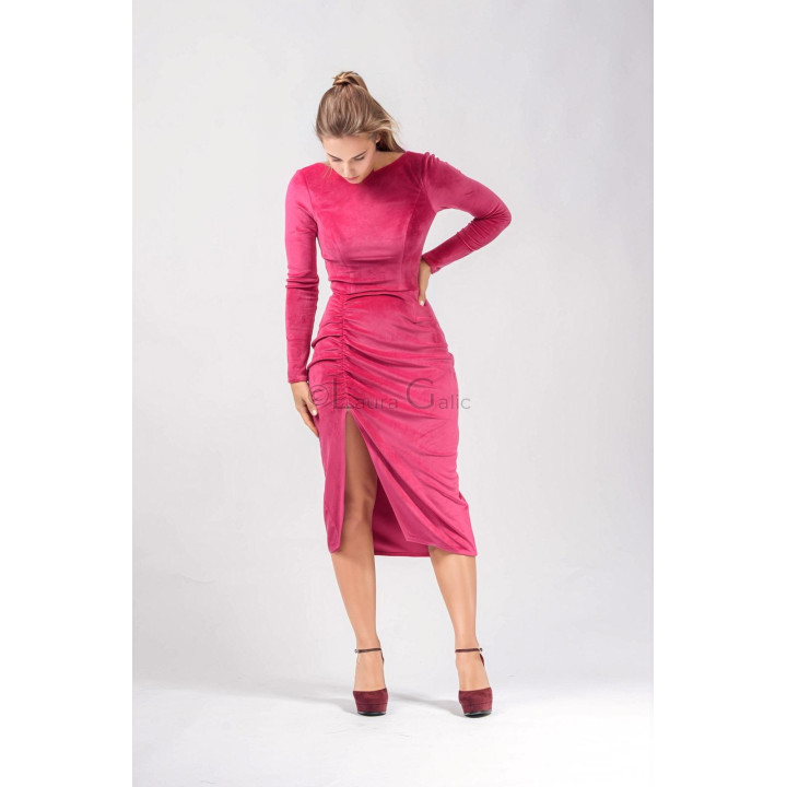 Front view of the Nova midi dress with a ruched skirt and open-back design