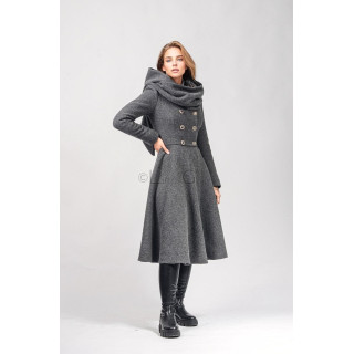 Miranda 4 midi wool coat with oversized hood, fitted waist and flared skirt