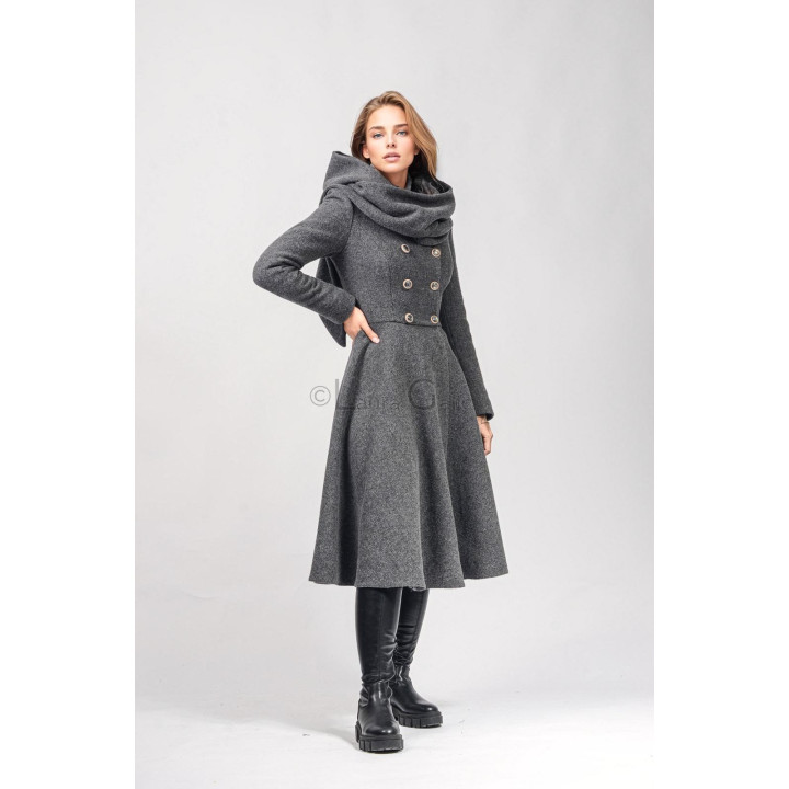 Miranda 4 midi wool coat with oversized hood, fitted waist and flared skirt
