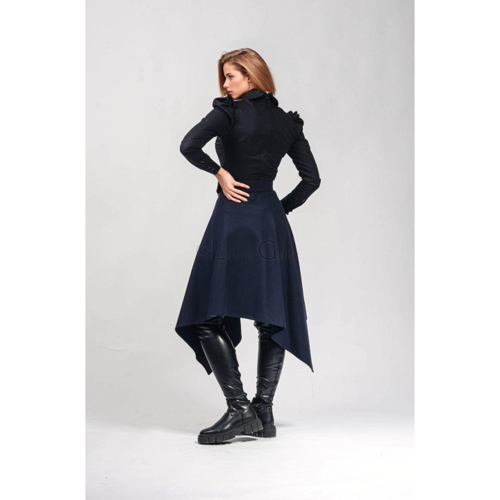 Back view of the Robin asymmetrical skirt with an uneven hem