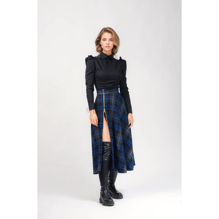 Front detail of the Robin 2 checked midi skirt, showing its wide waistband and open gold-tone zipper slit