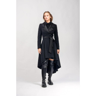 Front view of the black Lavinia 2 wool coat with textured lapels, a waist tie and an asymmetric hem