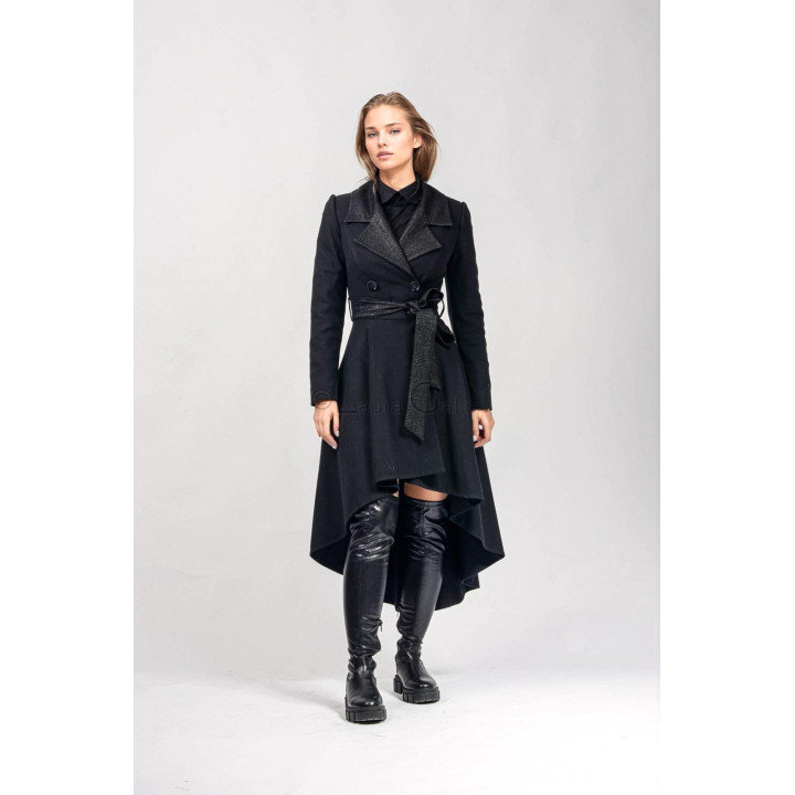 Front view of the black Lavinia 2 wool coat with textured lapels, a waist tie and an asymmetric hem