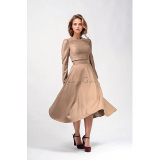 Pita 4 camel-beige office dress with a full A-line skirt and long sleeves