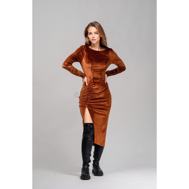 Front view of the Nova velvet dress with a rounded neckline and fitted silhouette