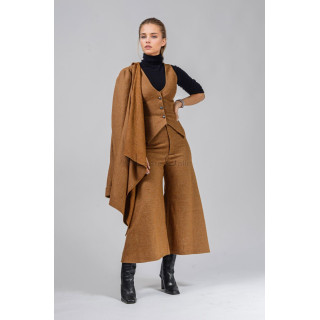 Demetra 3-piece brown suit with button-front vest, flared trousers and long cardigan