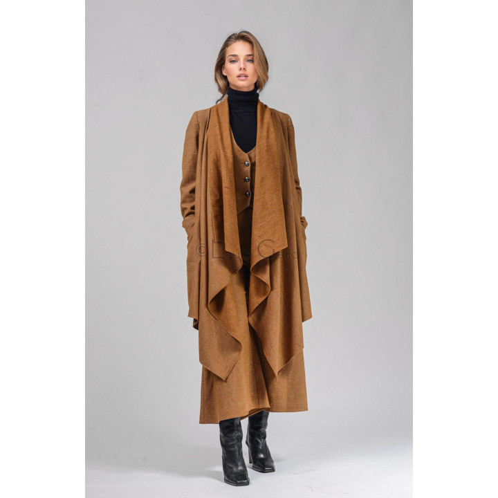 Demetra suit styled with an open long cardigan and draped front panels