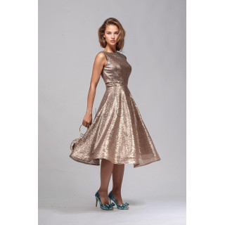 Rochie midi Lolita cu paiete auriu-șampanie și fustă amplă evazată