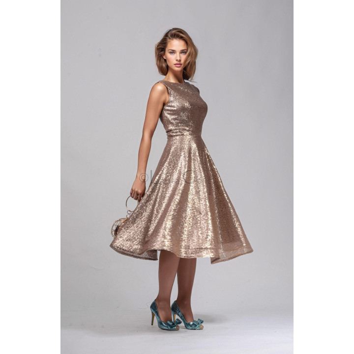 Lolita midi sequin dress in champagne gold with a full flared skirt