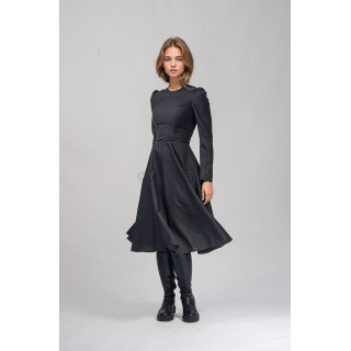 Rochie office Pita 4 gri închis, cu mâneci lungi și fustă cloș amplă