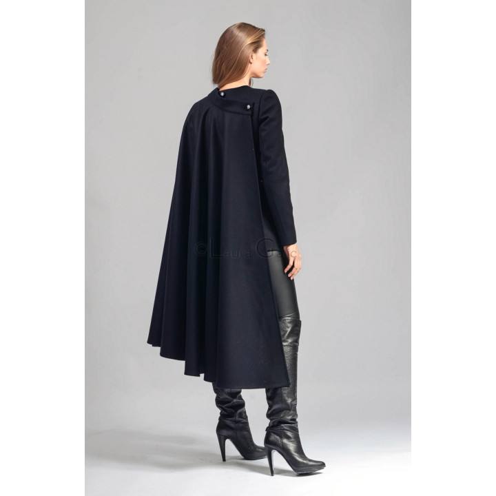 Back view of the long Rebecca coat with its detachable cape
