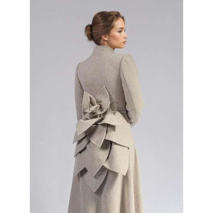 Close detail of the oversized layered flower on the back of the Tamura Amaryllis coat