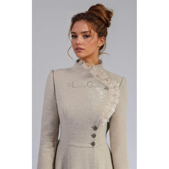 Close-up of the lace-trimmed collar and floral embroidery on the Tamura Amaryllis coat