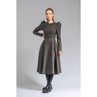Dark gray Pita 5 office dress with puff sleeves and a flared A-line skirt