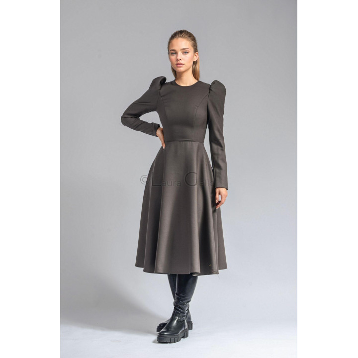 Dark gray Pita 5 office dress with puff sleeves and a flared A-line skirt
