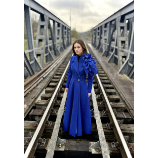 Blue Delia long coat with a fitted waist, flared skirt and oversized shoulder flower