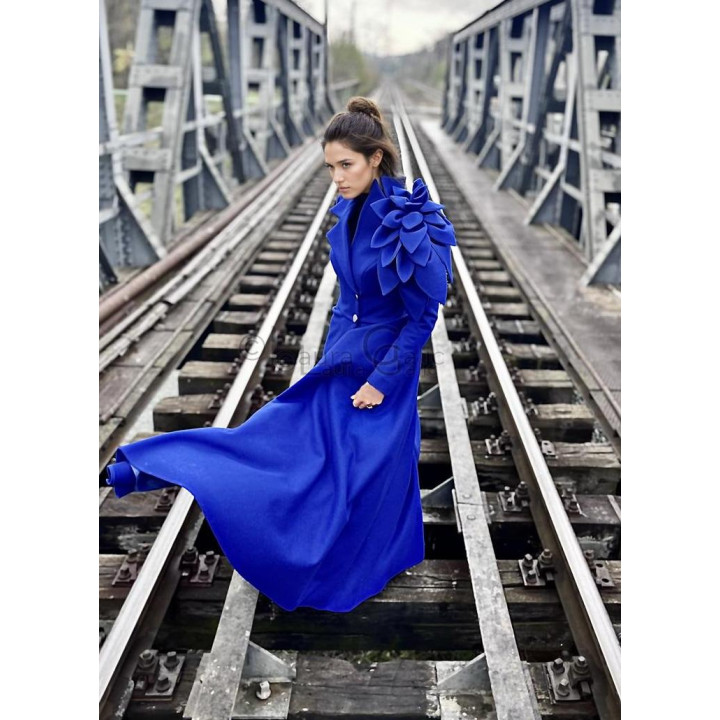 Delia coat with an asymmetric button fastening and layered flower appliqué
