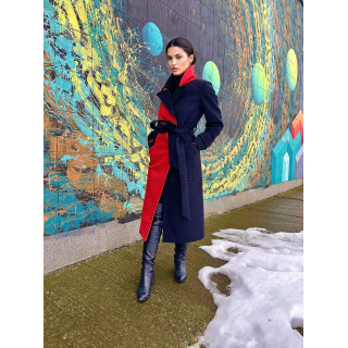 Romanita 3 long coat with a waist belt and contrasting red and deep navy panels