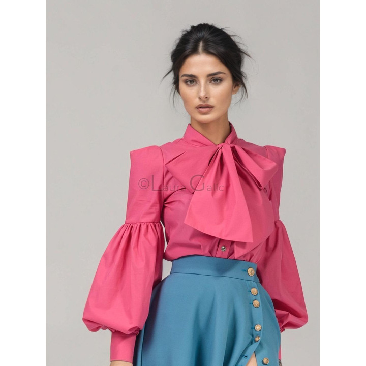 Luana vivid pink shirt with a wide neck tie and voluminous sleeves