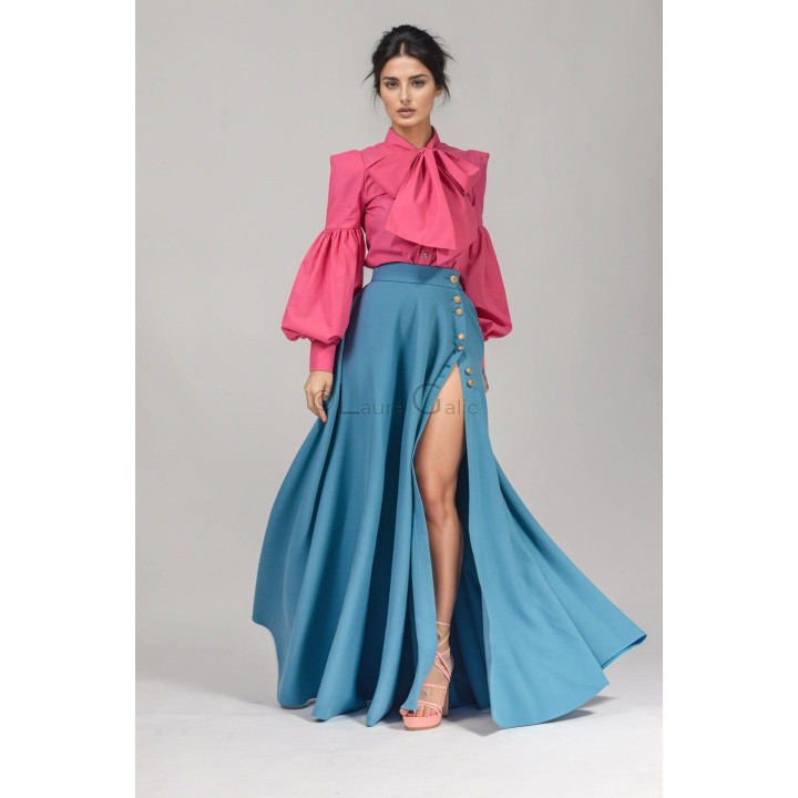 Cezara 3 maxi skirt showing the adjustable buttoned side slit