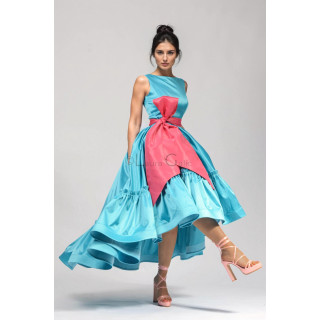 Cosmina 2 turquoise occasion dress with an asymmetric full skirt and pink taffeta scarf