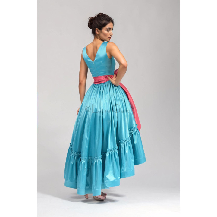 Rochie Cosmina 2, bumbac satinat, jupa tulle, esarfa tafta inclusa, inchidere fermoar spate