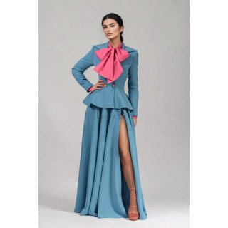 Costum albastru Inez 3 cu sacou cu peplum și fustă lungă Cezara cu deschidere frontală
