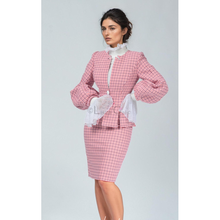 Natasa 2 women's suit with houndstooth jacket, voluminous sleeves and pencil skirt