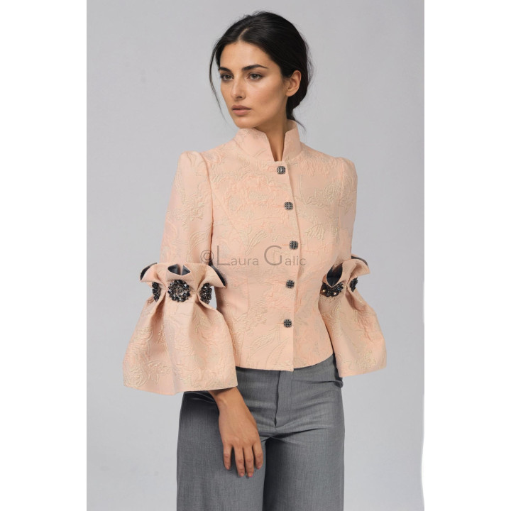 Federica 2 women's suit with peach-pink floral brocade jacket and grey flared trousers