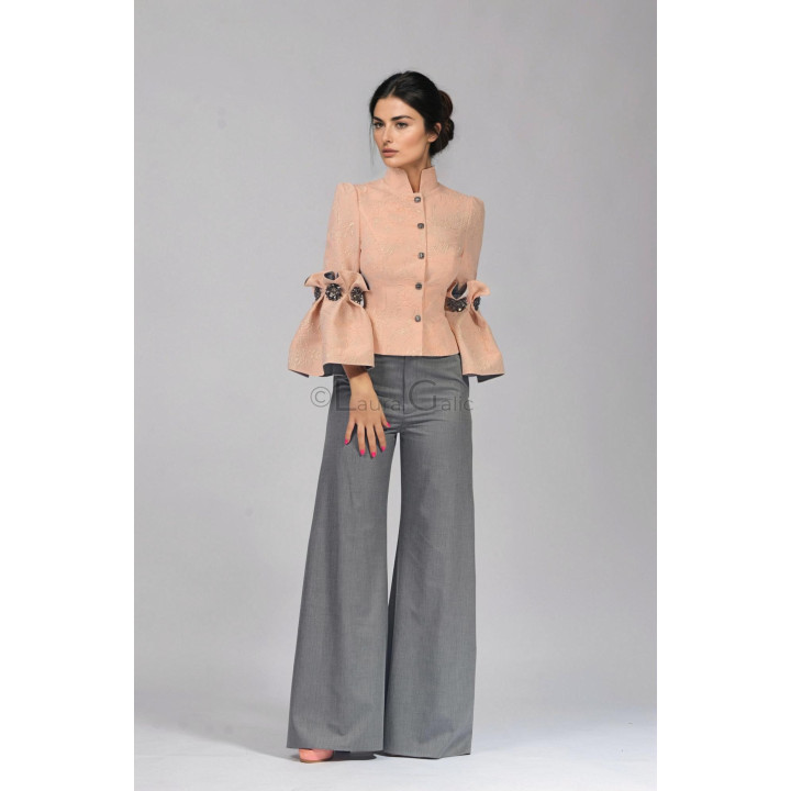 Federica 2 jacket with high stand collar, decorative buttons and voluminous brooch-trimmed sleeves