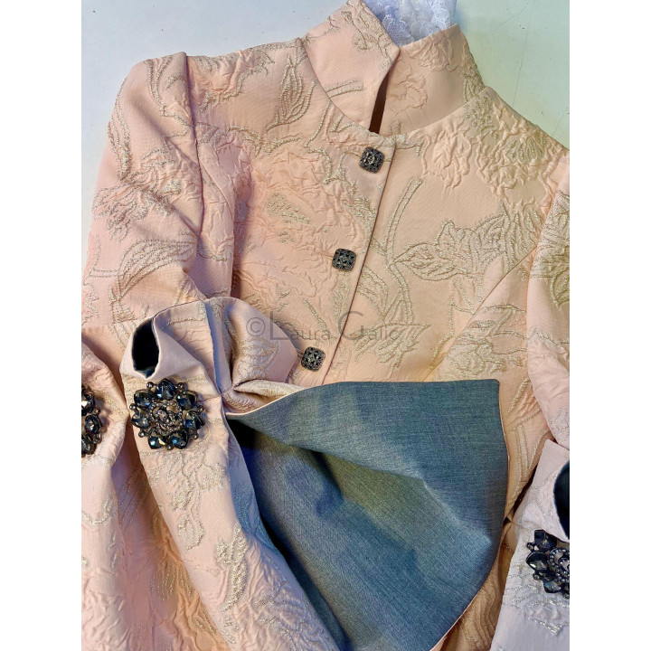 Federica 2 brocade jacket with detachable sleeve brooches paired with grey trousers