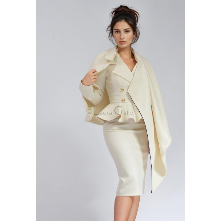 Fitted Carmen jacket and pencil skirt with a cream cape edged in black