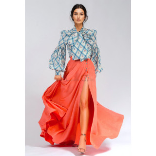Luana office cotton shirt with blue checks, small floral motifs, a neck tie and voluminous sleeves